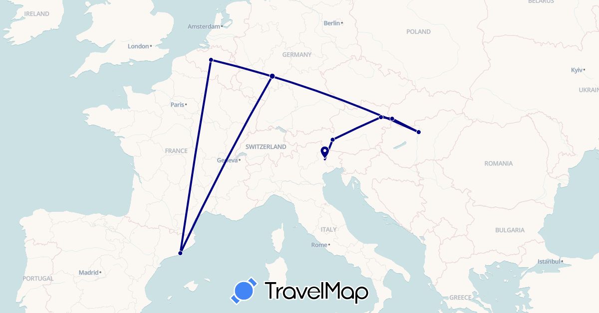 TravelMap itinerary: driving in Austria, Belgium, Germany, Spain, Hungary, Italy, Slovakia (Europe)