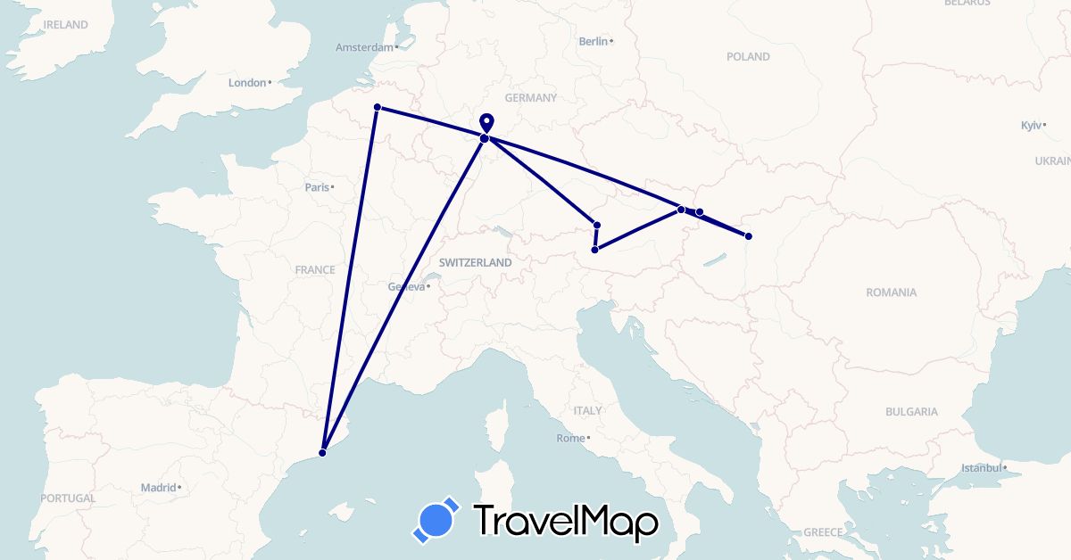 TravelMap itinerary: driving in Austria, Belgium, Germany, Spain, Hungary, Slovakia (Europe)